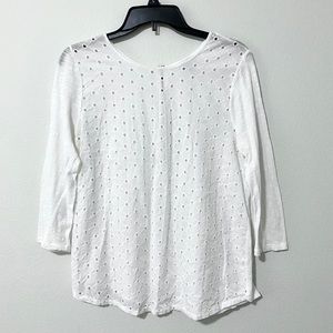 Lucky Brand White Eyelet 3/4 Sleeve Back Zip Top Size Medium